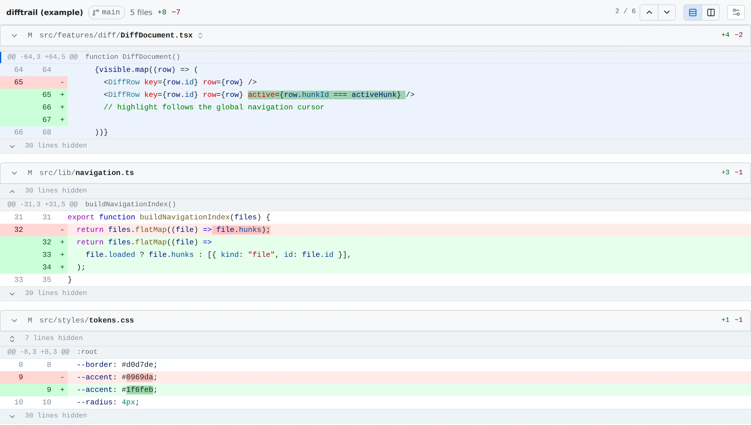 Diff Trek showing several changed files one after another in a single scrolling document, with the current change highlighted.
